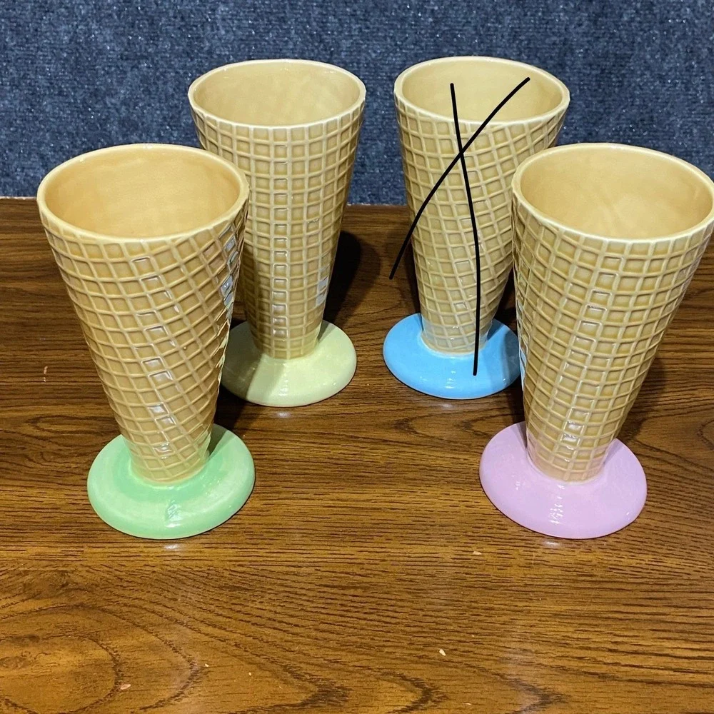 Vintage Set of 3 Ceramic Waffle‎ Cone Ice Cream Cups Dessert Dishes Pastel Japan